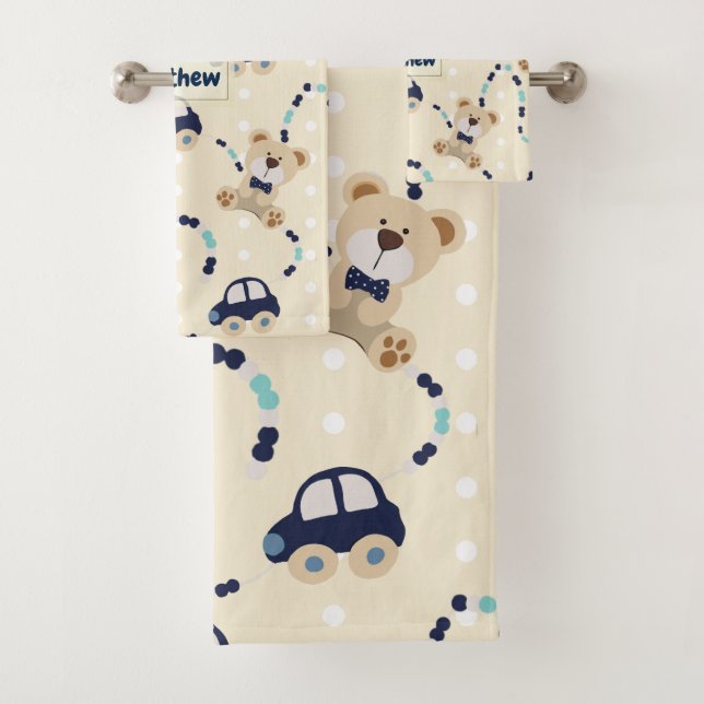 Teddy Bears and Cars Baby Boy Pattern Bath Towel Set (Insitu)