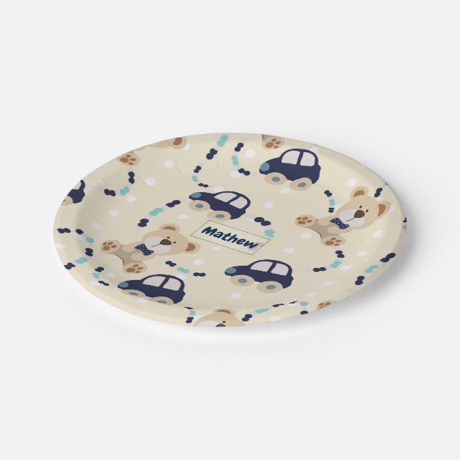 Teddy Bears and Cars Baby Boy Pattern Paper Plate (Angled)