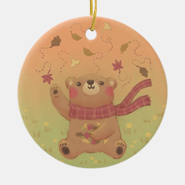 Teddy Bear's Autumn Fall Leaves Ceramic Ornament (Front)