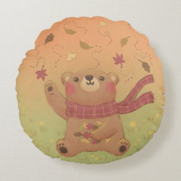 Teddy Bear's Autumn Fall Leaves Round Cushion