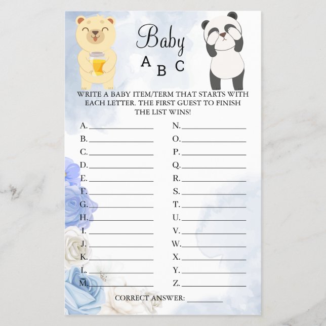 Teddy Bears Baby ABC Shower Game card (Front)