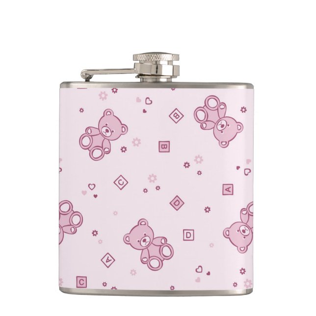 Teddy bears background Pink Hip Flask (Front)