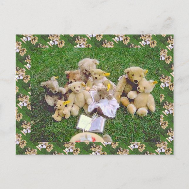 Teddy bears, bearly family gathering postcard (Front)