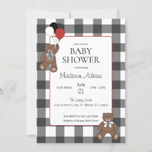 Teddy Bears Black White Gingham Baby Shower Invitation