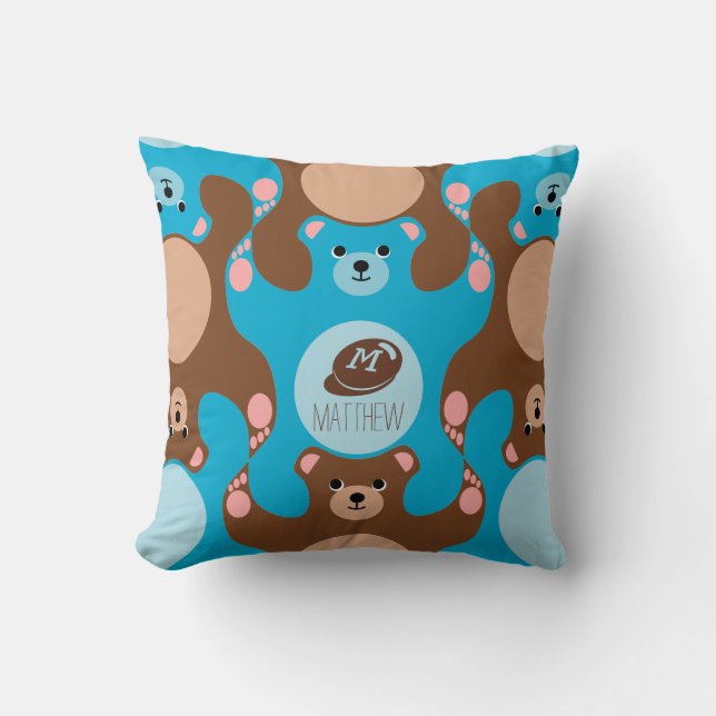 Teddy Bears blue brown Monogram Kid Square Pillow (Front)