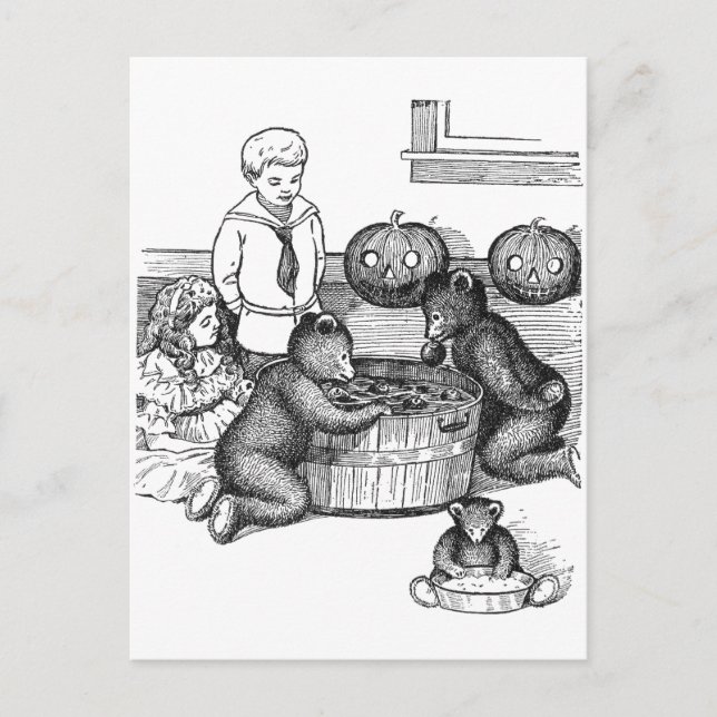Teddy Bears Bobbing for Apples on Halloween Postcard (Front)