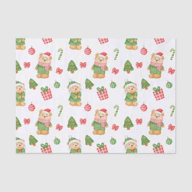 Teddy Bears, Christmas Trees and Ornaments Tissue Paper (Front)