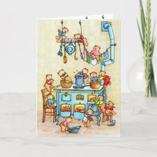 Teddy Bears Cooking in Kitchen Childrens Card