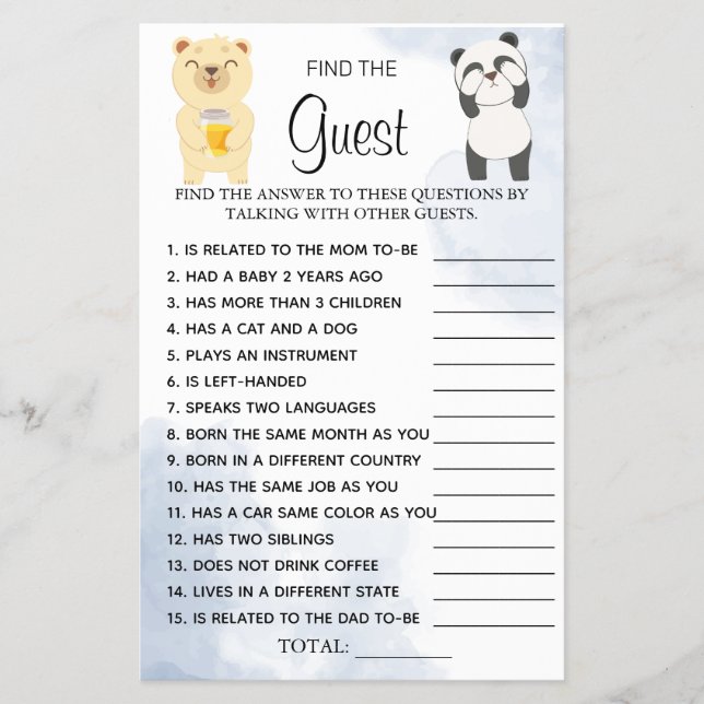 Teddy Bears Find the Guest Baby Shower game card (Front)
