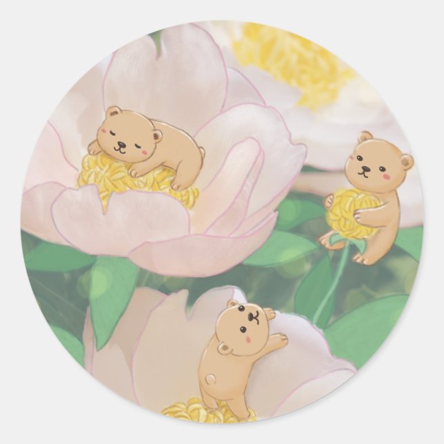 Teddy Bears & Flowers Illustration Classic Round Sticker (Front)