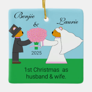 Teddy Bears Getting Married:  Christmas Ceramic Ornament