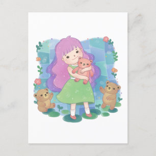 Teddy Bears & Girl Illustration Postcard