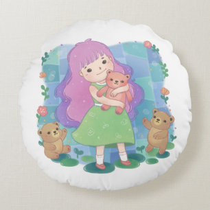 Teddy Bears & Girl Illustration Round Cushion