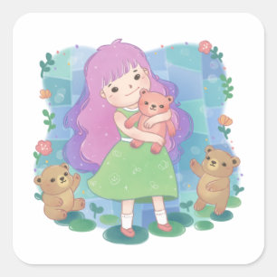 Teddy Bears & Girl Illustration Square Sticker