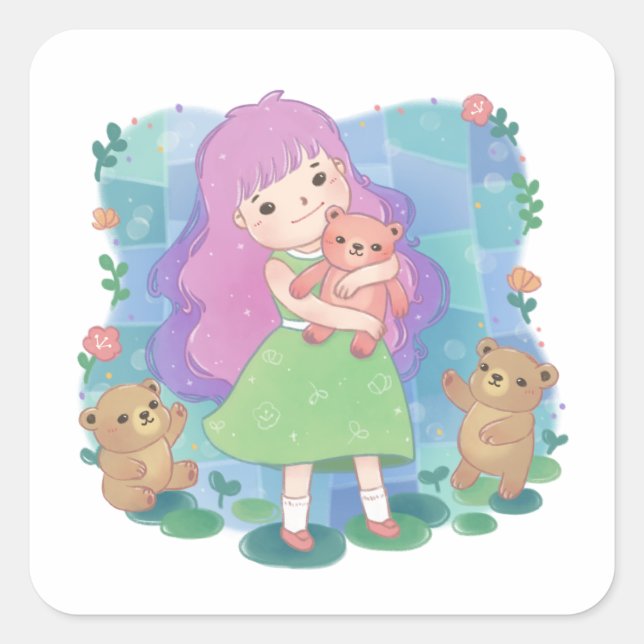 Teddy Bears & Girl Illustration Square Sticker (Front)
