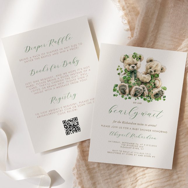 Teddy Bears Green Ivy Twins QR Code Baby Shower Invitation (Creator Uploaded)
