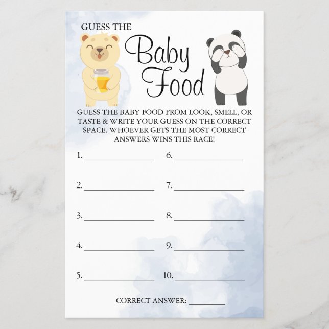 Teddy Bears Guess Baby food shower game card (Front)