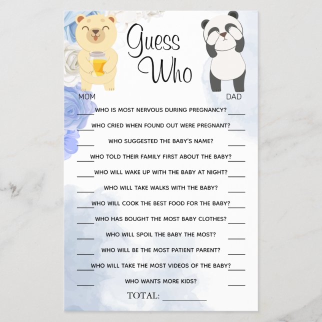 Teddy Bears Guess Who Baby Shower Game Card (Front)