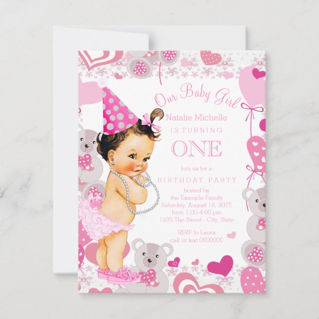 Teddy Bears Hearts Girls 1st Birthday Party Invitation (Front)