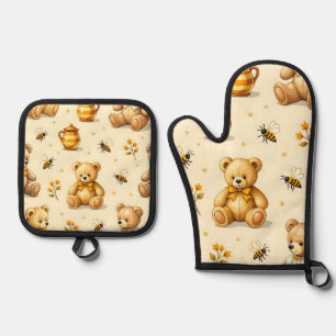 Teddy Bears Honey Bees Nursery Pattern Oven Mitt & Pot Holder Set