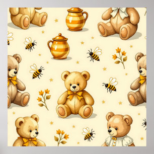 Teddy Bears Honey Bees Nursery Pattern Poster