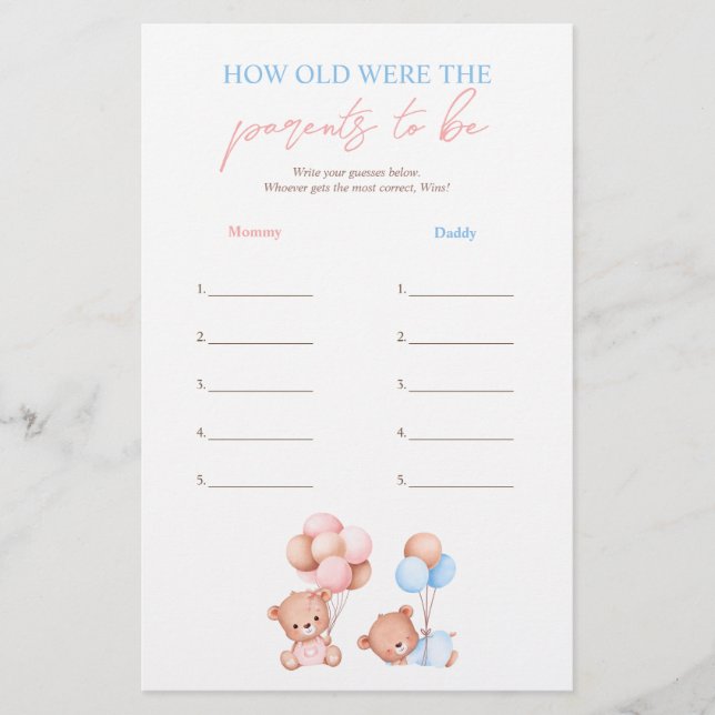 Teddy Bears How Old Were The Parents to Be Game Flyer (Front)