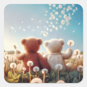 Teddy Bears In a Dandelion Field Square Sticker