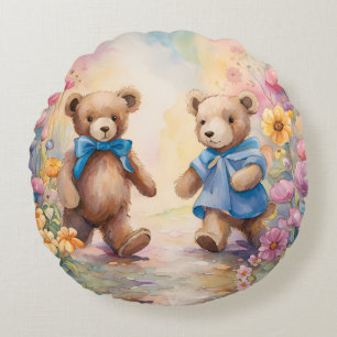 Teddy bears In a Pastel Garden Round Cushion