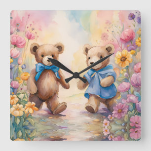Teddy bears  In a Pastel Garden Square Wall Clock