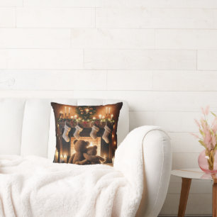 Teddy Bears In Front Of A Christmas Fireplace Cushion
