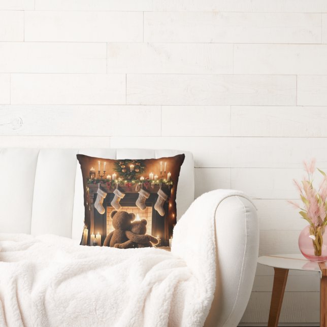 Teddy Bears In Front Of A Christmas Fireplace Cushion (Couch)