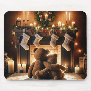 Teddy Bears In Front Of A Christmas Fireplace Mouse Pad