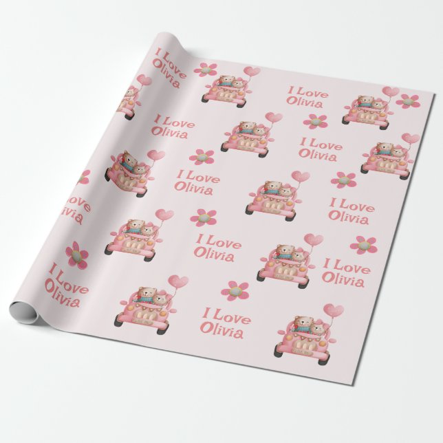 Teddy Bears in Love Driving A Car - Personalised W Wrapping Paper (Unrolled)