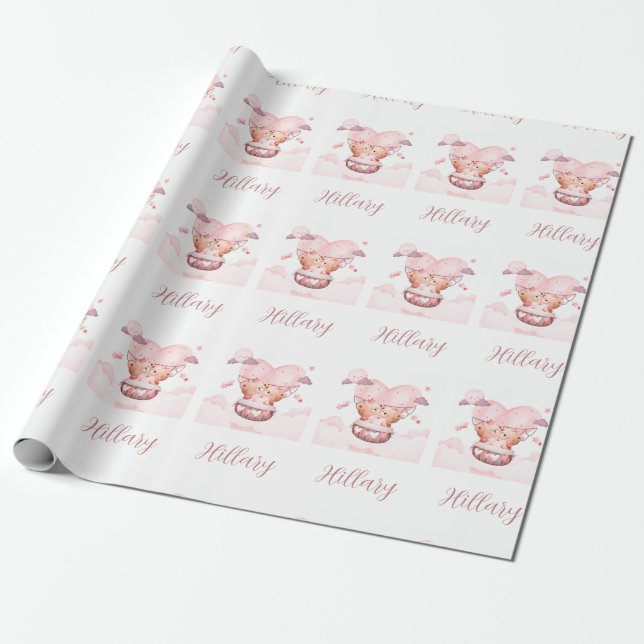 Teddy Bears In Pink Cloud Personalised With Name Wrapping Paper (Unrolled)