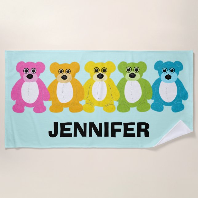Teddy Bears in Rainbow Colours Personalised Beach Towel (Front)