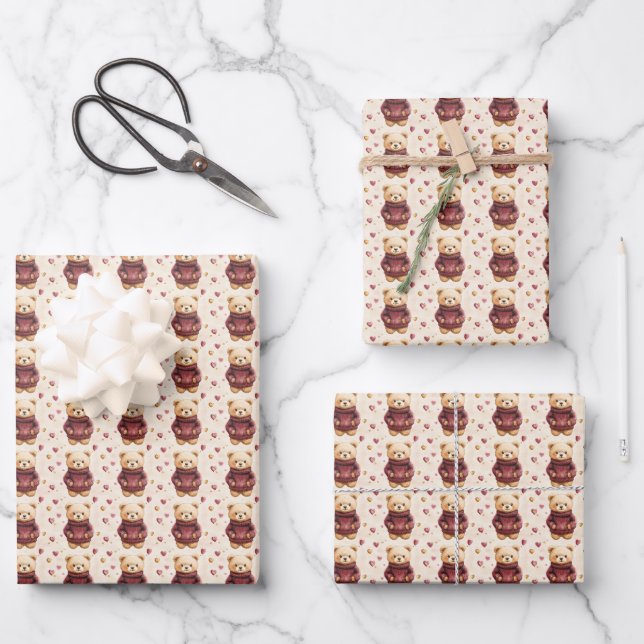 Teddy Bears in Sweaters Wrapping Paper Sheet (Front)