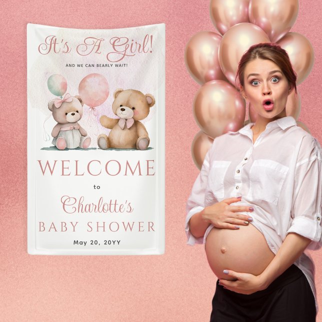 Teddy Bears It's A Girl Bearly Wait Baby Shower Banner (Creator Uploaded)
