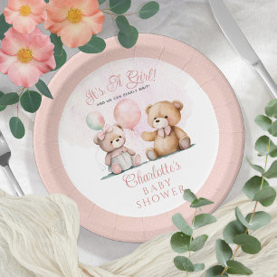 Teddy Bears It's A Girl Bearly Wait Baby Shower Paper Plate
