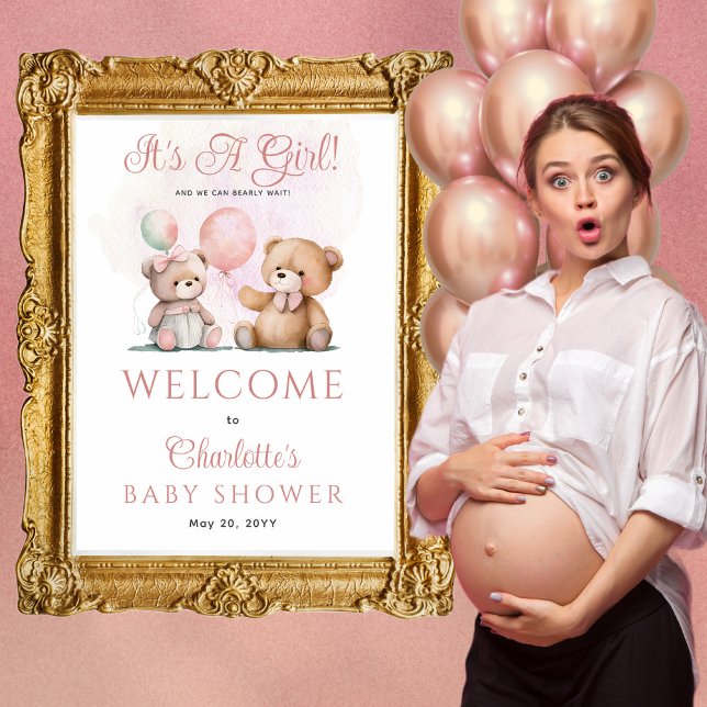 Teddy Bears It's A Girl Bearly Wait Baby Shower Poster (Creator Uploaded)