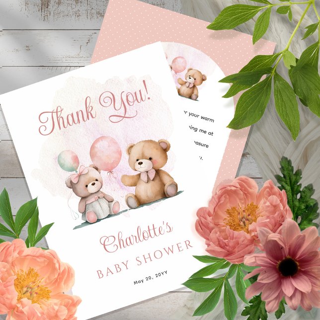 Teddy Bears It's A Girl Bearly Wait Baby Shower Thank You Card (Creator Uploaded)