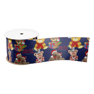 Teddy Bears Merry Christmas Satin Ribbon