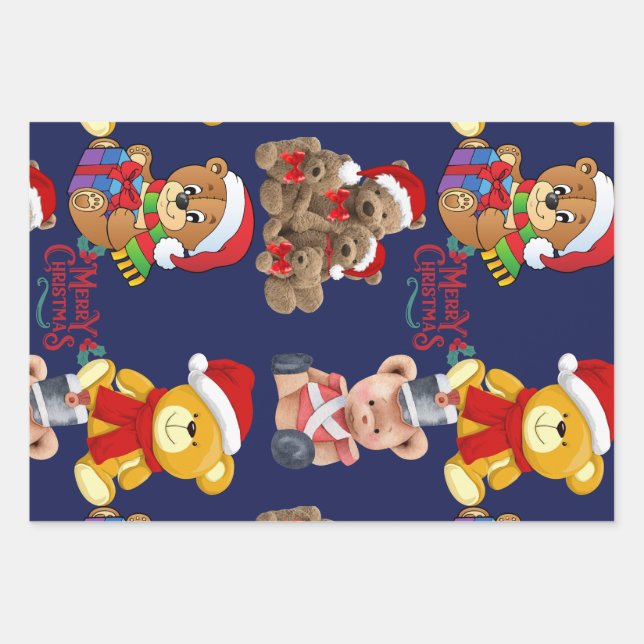 Teddy Bears Merry Christmas Wrapping Paper Sheet (Front)