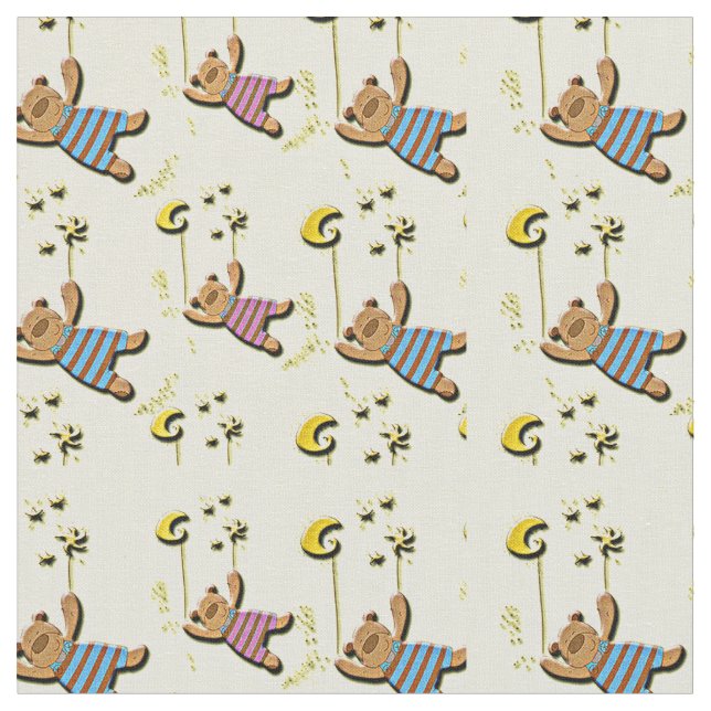 Teddy Bears, Moon and Stars Pattern Fabric (Close Up)