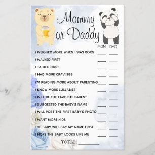 Teddy Bears Mummy or Daddy Shower game card