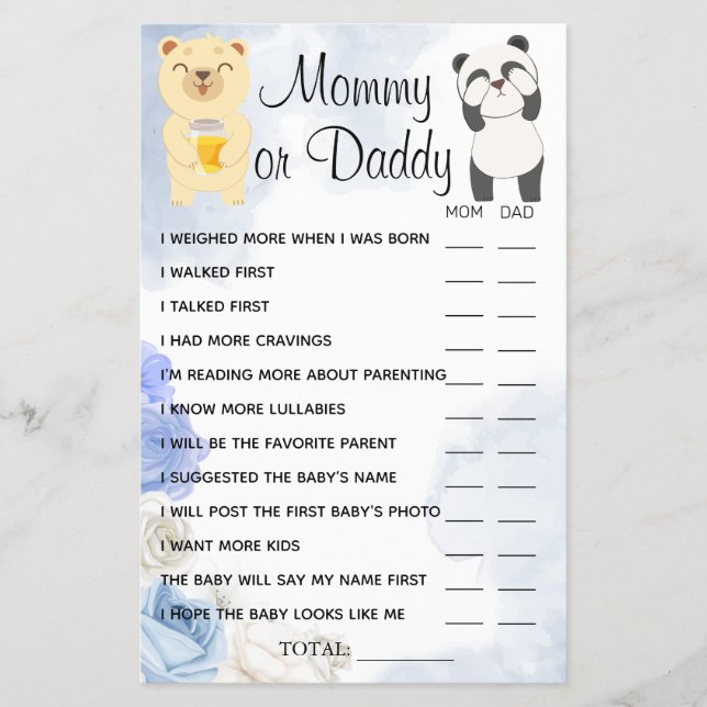 Teddy Bears Mummy or Daddy Shower game card (Front)