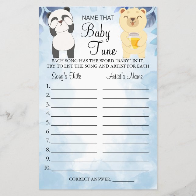 Teddy Bears Name that baby tune shower game card (Front)