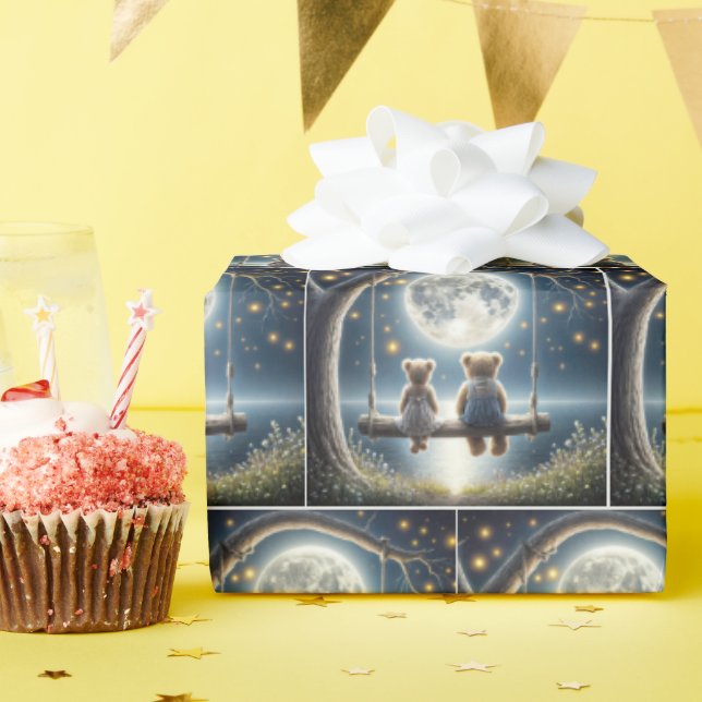 Teddy Bears On a Swing In the Moonlight Wrapping Paper (Birthday Party)