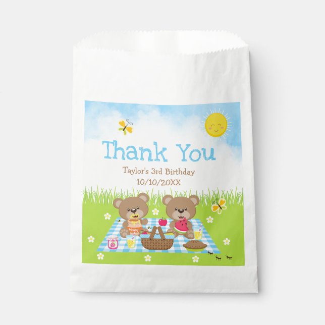 Teddy Bears Picnic Birthday Blue Gingham Thank You Favour Bag (Front)