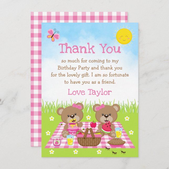 Teddy Bears Picnic Birthday Pink Gingham Thank You Card (Front/Back)