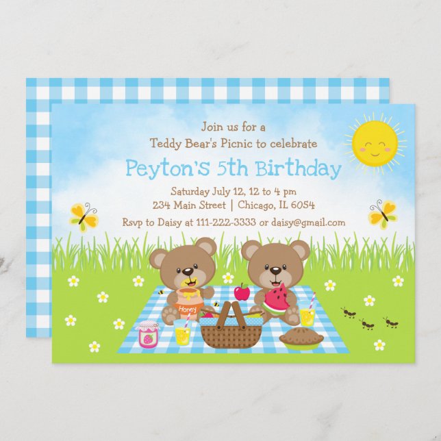 Teddy Bear's Picnic Blue Gingham Birthday Invitation (Front/Back)